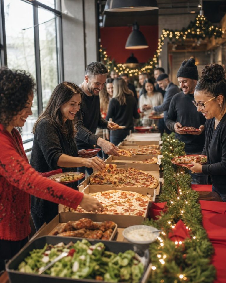 Coworkers sharing pizza, wings and salads at a holiday office party catered by Your Pie